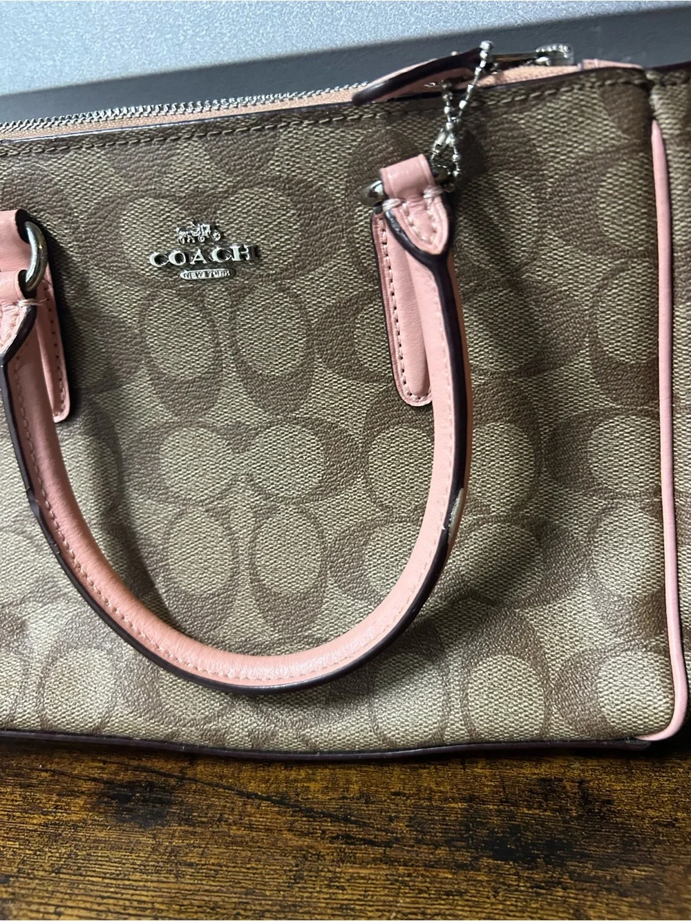 Coach Signature Logo Satchel Top Handle Zip Detachable Strap Brown Pink